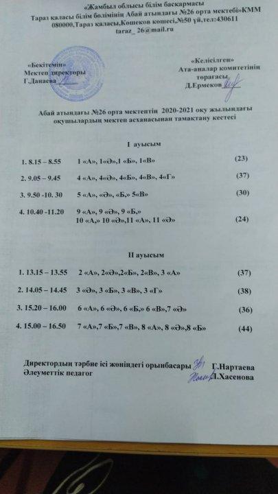 Асханадағы мектеп оқушыларының тамақтану кестесі