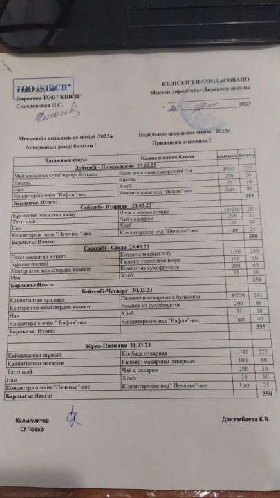 27.03.23-31.03.23 жж күні аралығындағы ақылы тамақтанатын оқушылардың апталық ас мәзірі