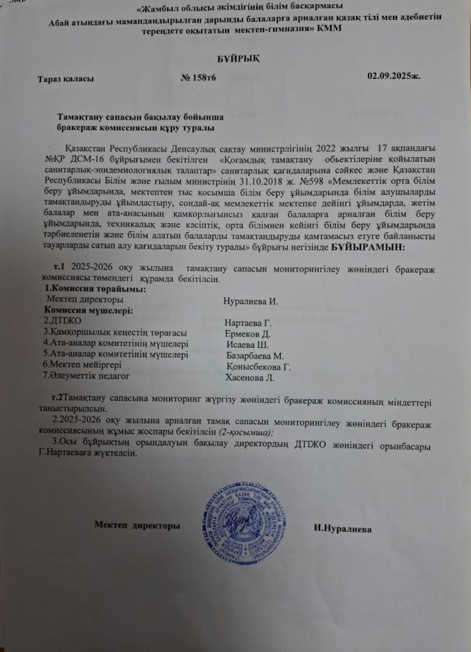 Тамақтану сапасын бақылау бойынша бракераж комиссиясын құру туралы