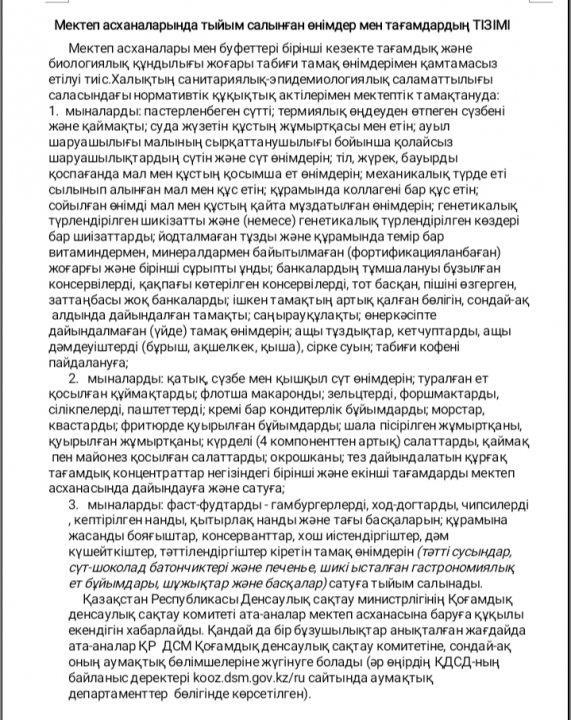 Мектеп асханасында  тыйым салынған өнімдер мен тағамдар тізімі